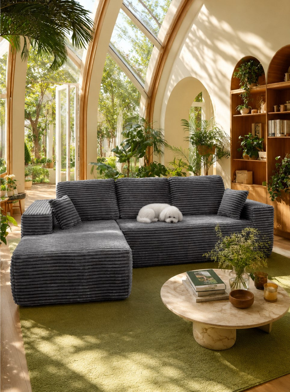Boneless Cloud Sofa 105.5in L-Shaped Deep Seat, Skin-Friendly Corduroy, No Assembly, Compressed Packaging, Dark Grey, Left Facing Chaise