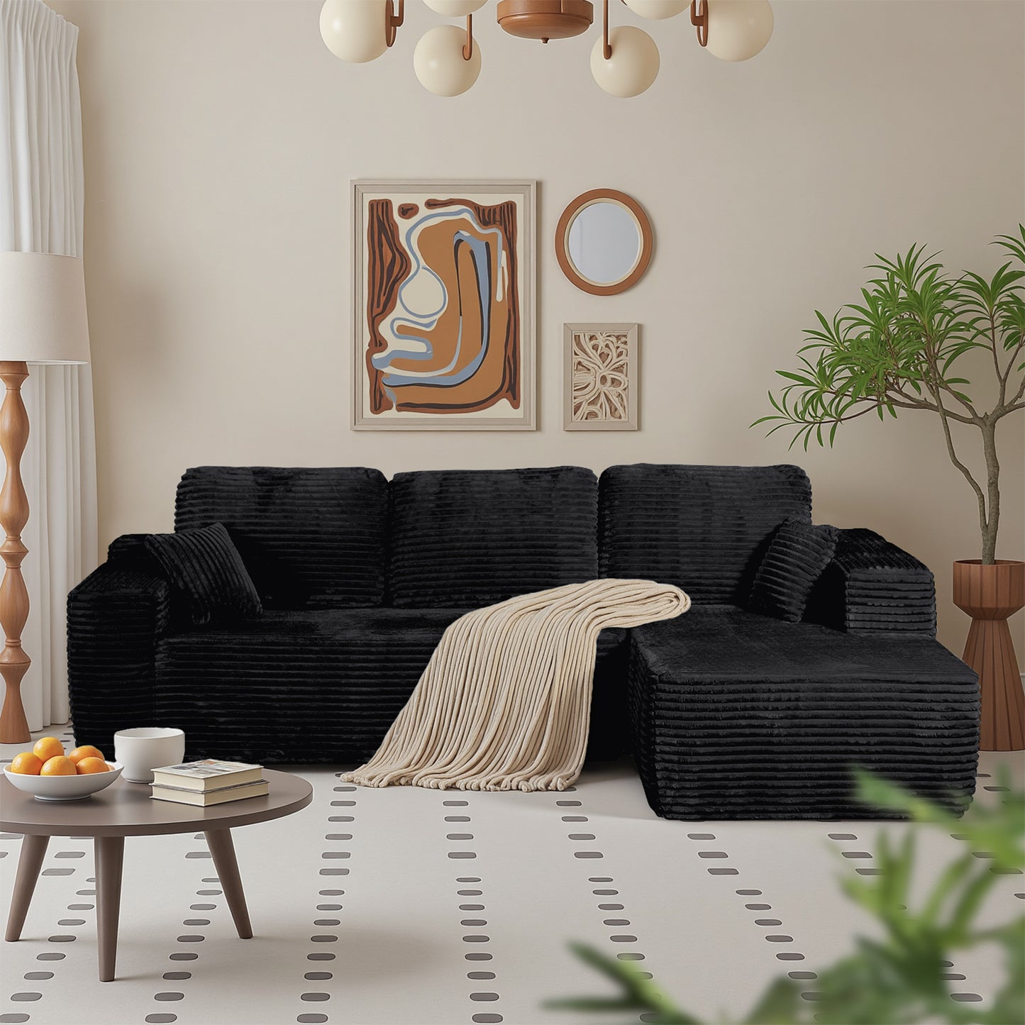 Boneless Cloud Sofa 105.5in L-Shaped Modular Sectional, Deep Seat, Skin-Friendly Corduroy, No Assembly, Compressed Packaging, for Living Room/Bedroom, Black, Right Facing Chaise