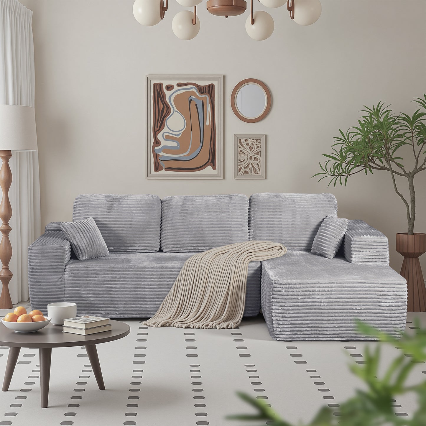 Boneless Cloud Sofa 105.5in L-Shaped Modular Sectional Couch, Frameless L-Shaped Modular Sectional,Corduroy Upholstery, No Assembly, for Living Room/Bedroom, Silver Grey, Right Facing Chaise