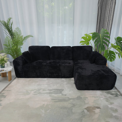 Boneless Cloud Sofa 96in L-Shaped Modular Sectional, Deep Seat, Skin-Friendly Corduroy, No Assembly, Compressed Packaging, for Living Room/Bedroom, Black, Right Facing Chaise
