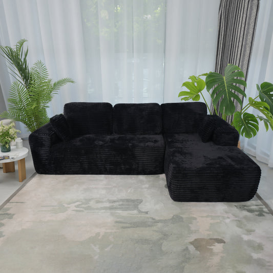Boneless Cloud Sofa 96in L-Shaped Modular Sectional, Deep Seat, Skin-Friendly Corduroy, No Assembly, Compressed Packaging, for Living Room/Bedroom, Black, Right Facing Chaise