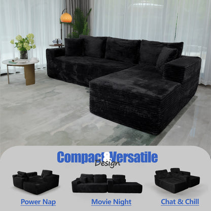 Boneless Cloud Sofa 96in L-Shaped Modular Sectional, Deep Seat, Skin-Friendly Corduroy, No Assembly, Compressed Packaging, for Living Room/Bedroom, Black, Right Facing Chaise