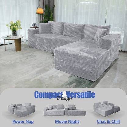 Boneless Cloud Sofa 96in L-Shaped Modular Sectional Couch, Frameless L-Shaped Modular Sectional,Corduroy Upholstery, No Assembly, for Living Room/Bedroom, Silver Grey, Right Facing Chaise