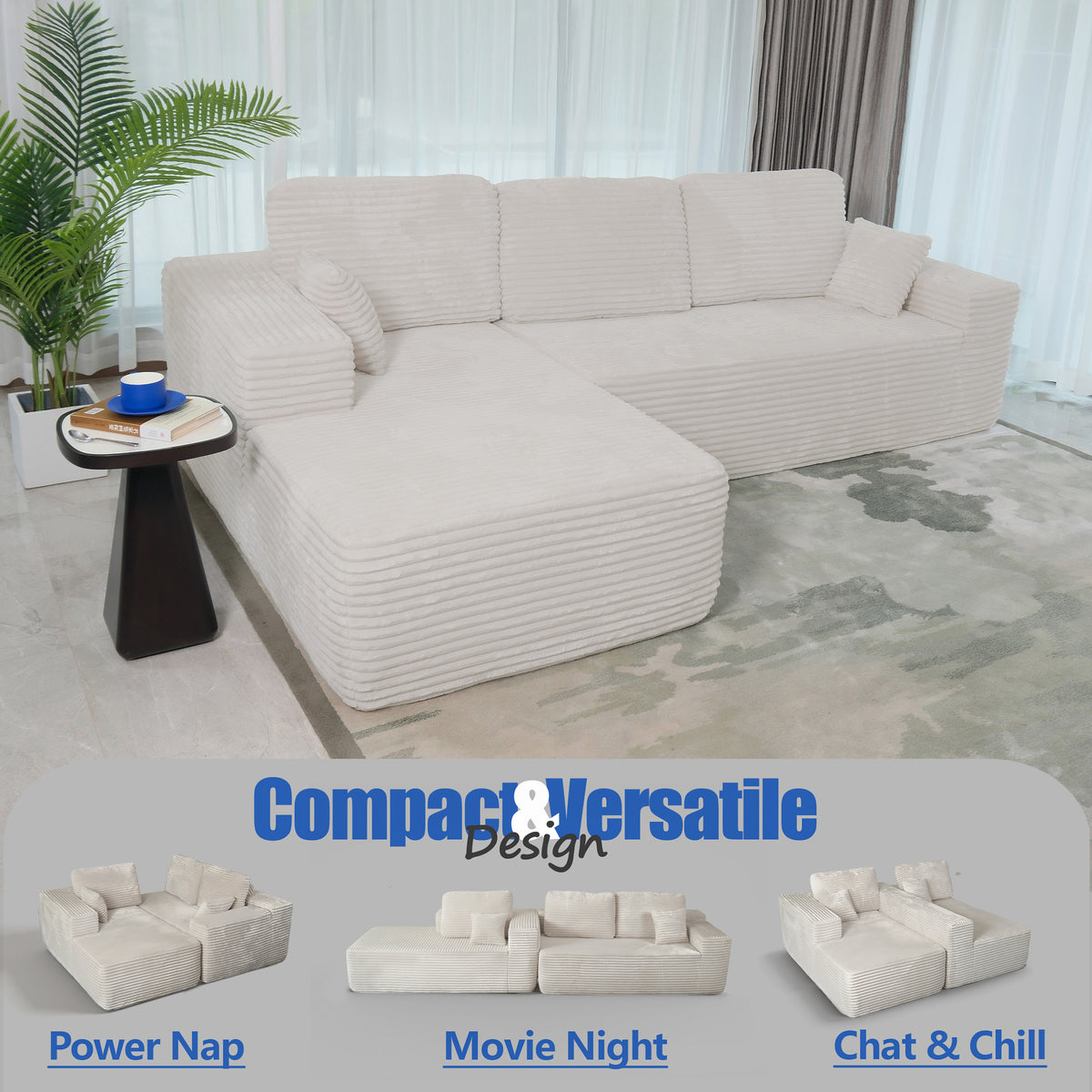 Boneless Cloud Sofa 96in L-Shaped Modular Sectional Couch, Frameless L-Shaped Modular Sectional, No Assembly, for Living Room/Bedroom, Beige, Left Facing Chaise