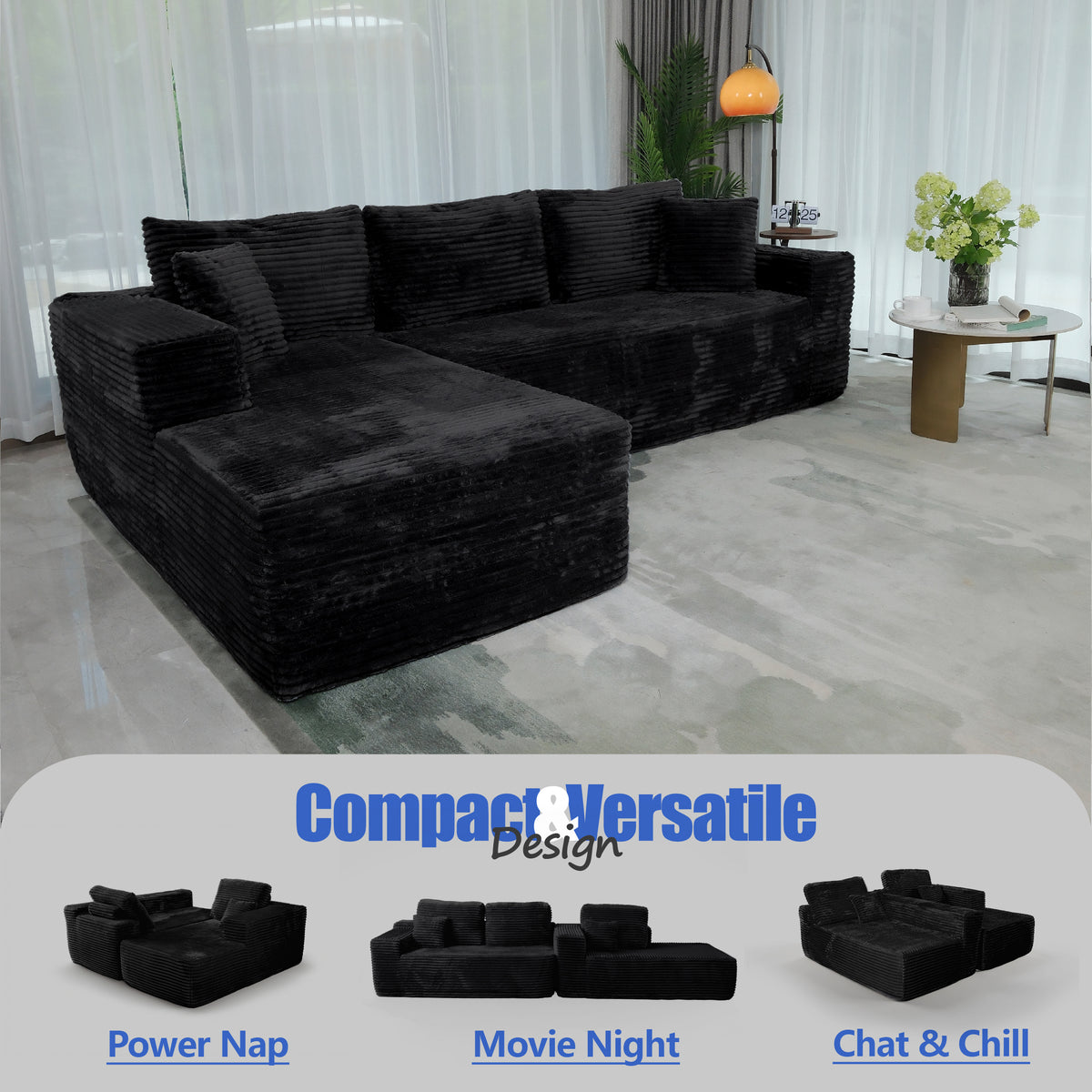 Boneless Cloud Sofa 96in L-Shaped Modular Sectional Couch, Frameless L-Shaped Modular Sectional, No Assembly, for Living Room/Bedroom, Black, Left-Facing Chaise