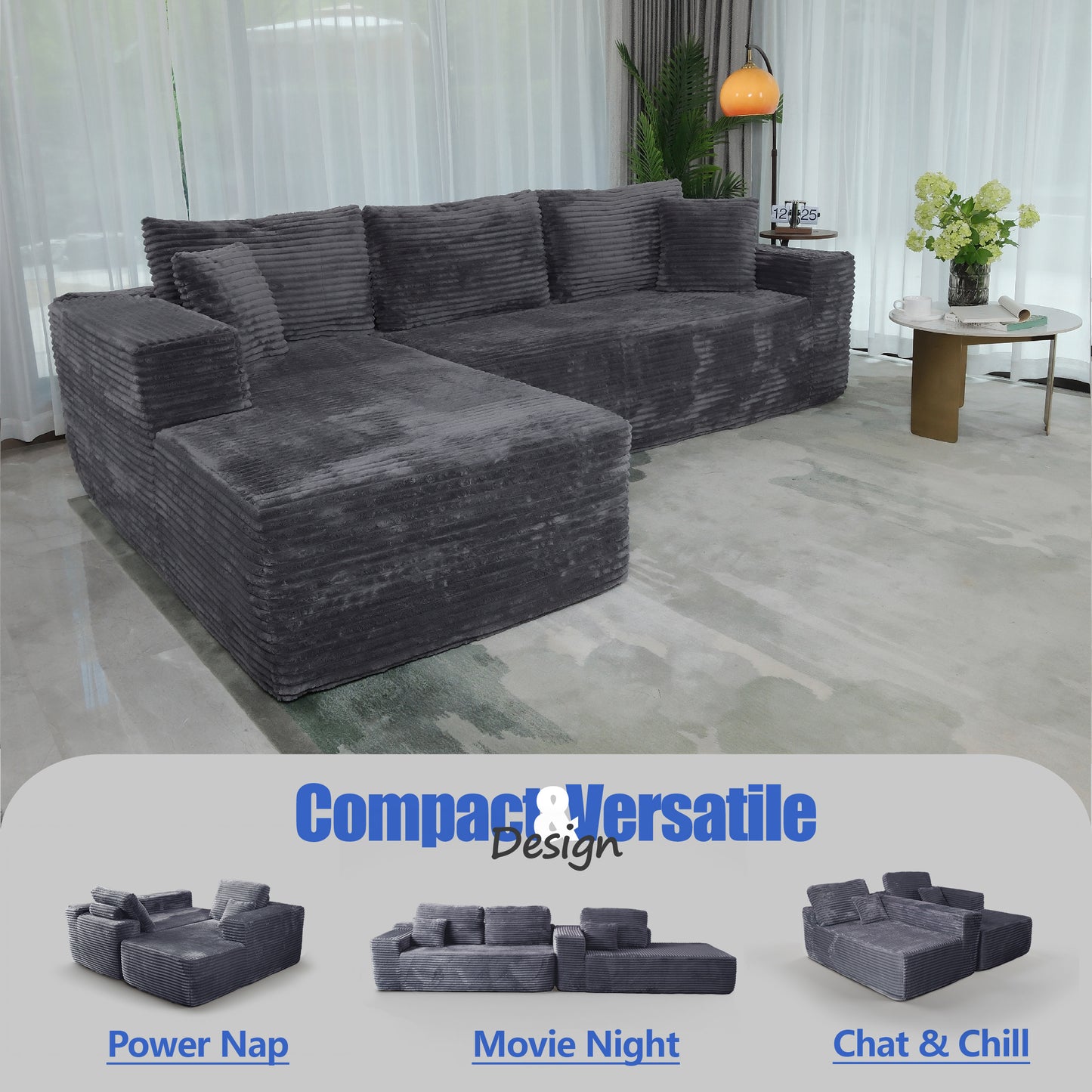 Boneless Cloud Sofa 96in L-Shaped Deep Seat, Skin-Friendly Corduroy, No Assembly, Compressed Packaging, Dark Grey, Left Facing Chaise