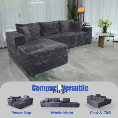 Boneless Cloud Sofa 96in L-Shaped Deep Seat, Skin-Friendly Corduroy, No Assembly, Compressed Packaging, Dark Grey, Left Facing Chaise