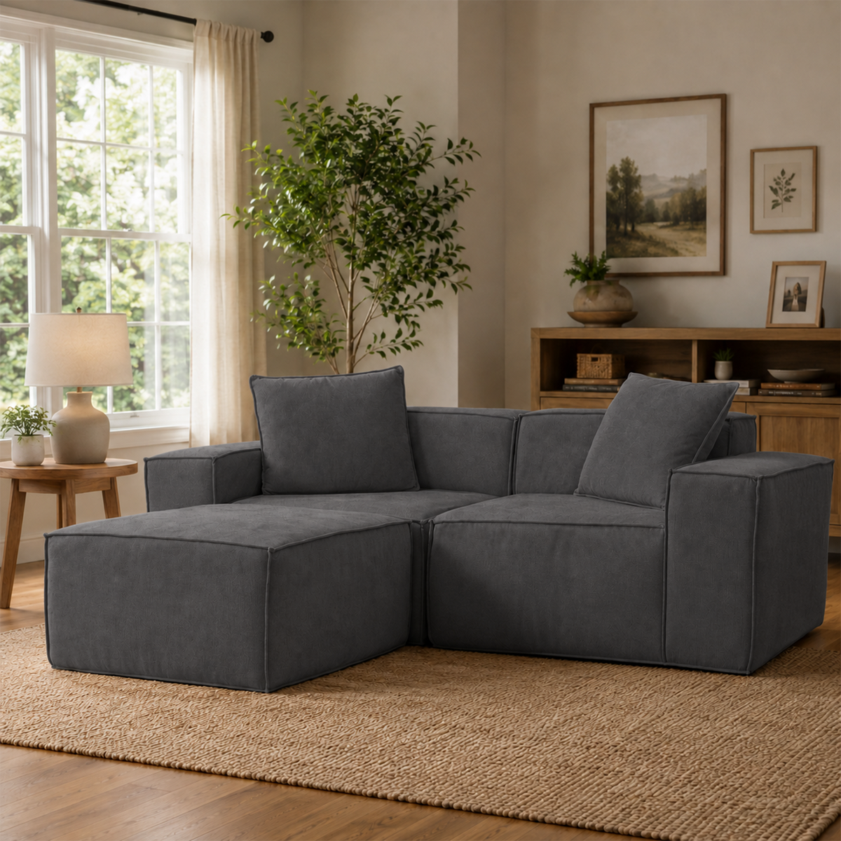 Flexicube Modular Sectional Loveseat with Ottoman Dark Grey