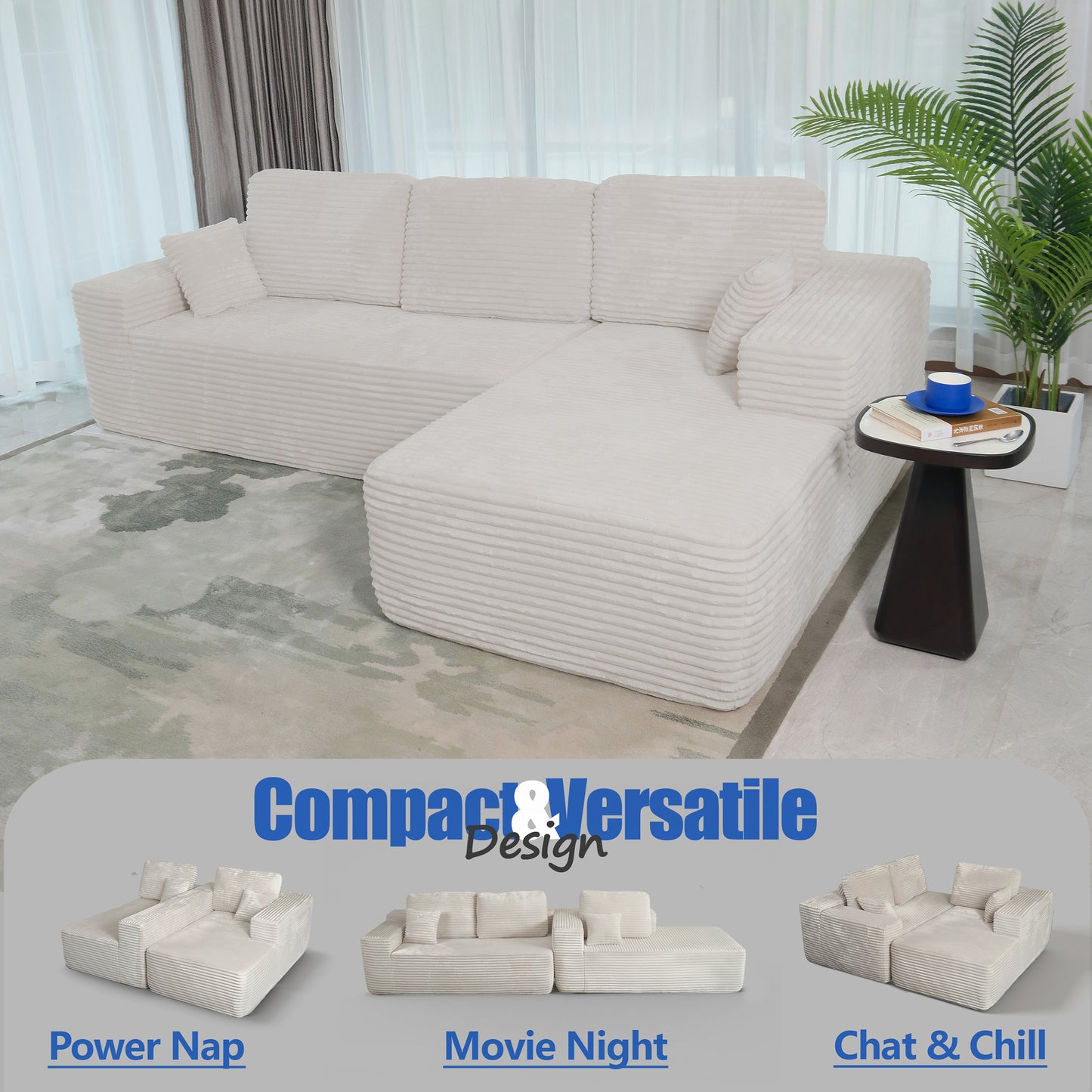 Boneless Cloud Sofa 96in L-Shaped Modular Sectional Couch, Frameless L-Shaped Modular Sectional,Corduroy Upholstery, No Assembly, for Living Room/Bedroom, Beige, Right Facing Chaise