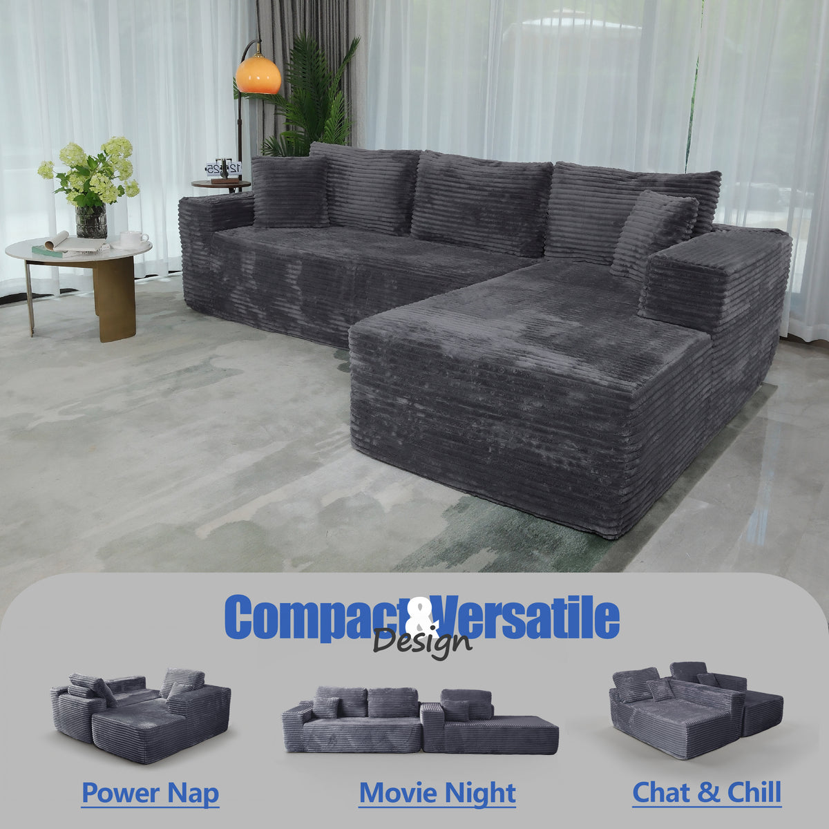 Boneless Cloud Sofa 96in L-Shaped Modular Sectional Couch, Frameless L-Shaped Modular Sectional,Corduroy Upholstery, No Assembly, for Living Room/Bedroom, Dark Grey, Right Facing Chaise