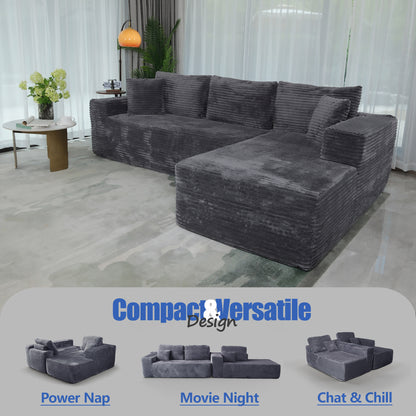 Boneless Cloud Sofa 96in L-Shaped Modular Sectional Couch, Frameless L-Shaped Modular Sectional,Corduroy Upholstery, No Assembly, for Living Room/Bedroom, Dark Grey, Right Facing Chaise