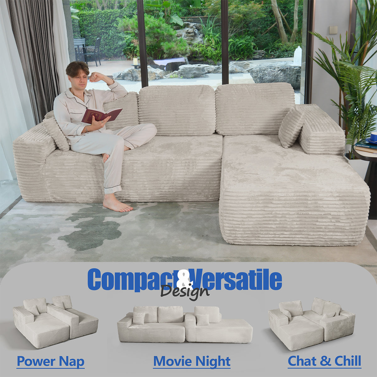 Boneless Cloud Sofa 96in L-Shaped Modular Sectional Couch, Frameless Corduroy Upholstery, No Assembly, for Living Room/Bedroom, Beige White, Right Facing Chaise