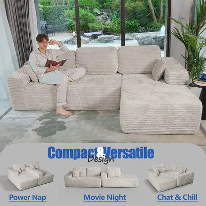 Boneless Cloud Sofa 96in L-Shaped Modular Sectional Couch, Frameless Corduroy Upholstery, No Assembly, for Living Room/Bedroom, Beige White, Right Facing Chaise