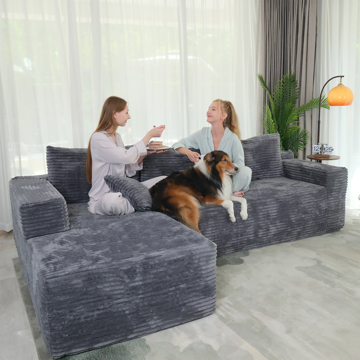 Boneless Cloud Sofa 96in L-Shaped Modular Sectional Couch, Frameless L-Shaped Modular Sectional,Corduroy Upholstery, No Assembly, for Living Room/Bedroom, Dark Grey, Right Facing Chaise