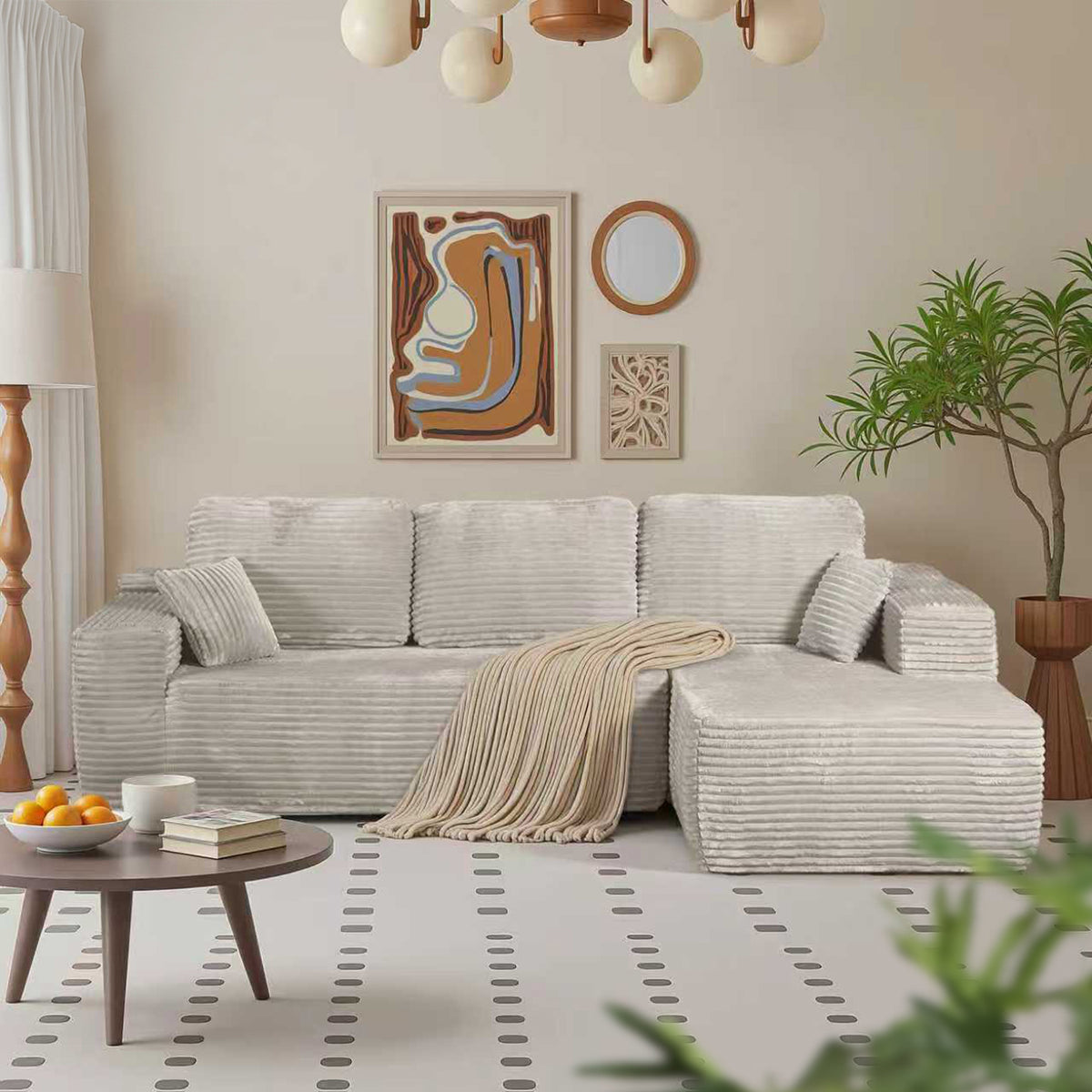 Boneless Cloud Sofa 96in L-Shaped Modular Sectional Couch, Frameless Corduroy Upholstery, No Assembly, for Living Room/Bedroom, Beige White, Right Facing Chaise