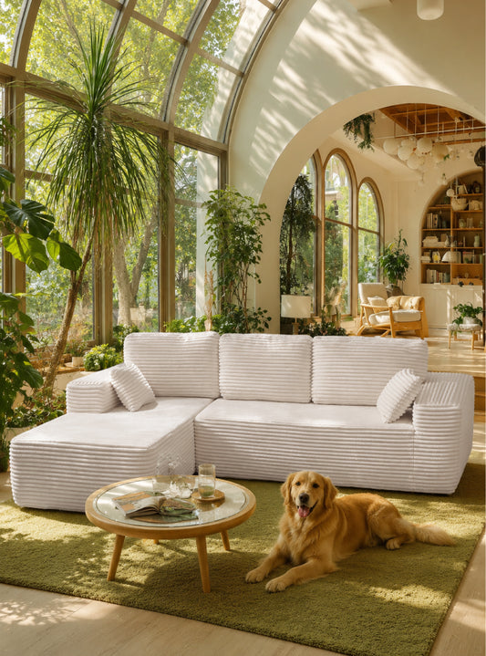 Boneless Cloud Sofa 105.5in L-Shaped Modular Sectional Couch, Frameless L-Shaped Modular Sectional, No Assembly,for Living Room/Bedroom, Beige White, Left Facing Chaise