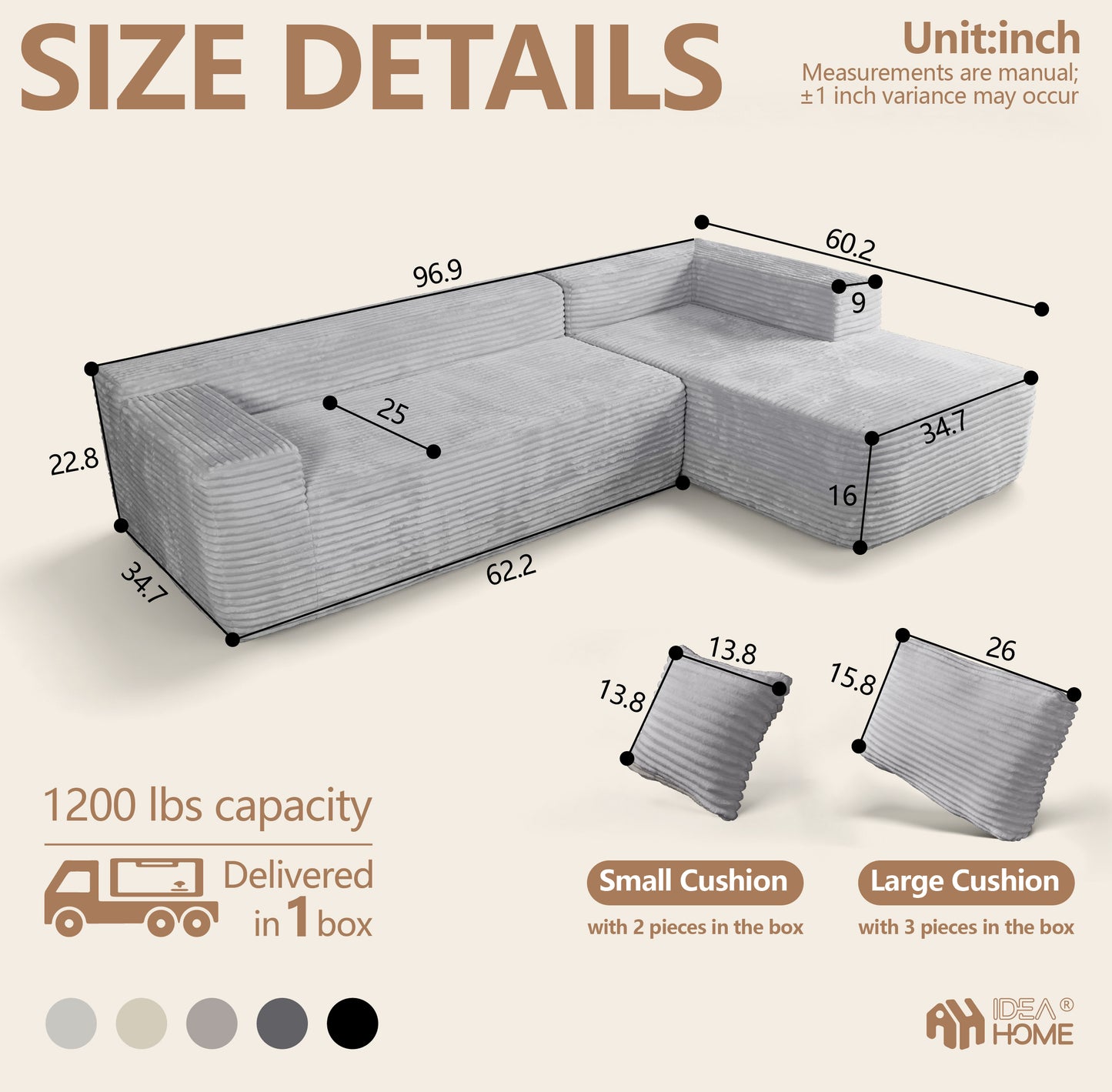Boneless Cloud Sofa 96in L-Shaped Modular Sectional Couch, Frameless L-Shaped Modular Sectional,Corduroy Upholstery, No Assembly, for Living Room/Bedroom, Beige, Right Facing Chaise