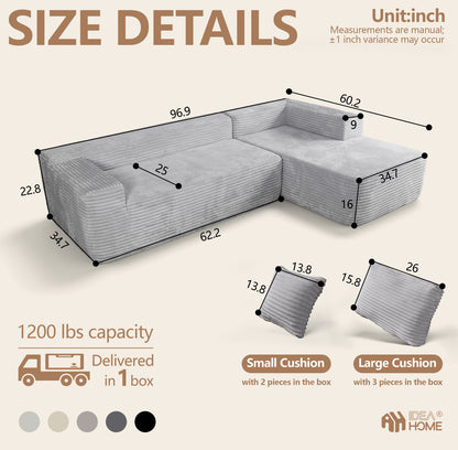 Boneless Cloud Sofa 96in L-Shaped Modular Sectional Couch, Frameless L-Shaped Modular Sectional,Corduroy Upholstery, No Assembly, for Living Room/Bedroom, Beige, Right Facing Chaise