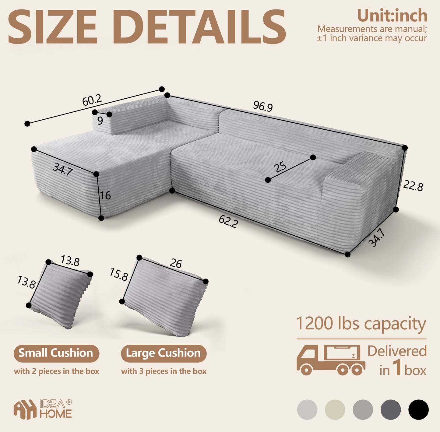 Boneless Cloud Sofa 96in L-Shaped Deep Seat, Skin-Friendly Corduroy, No Assembly, Compressed Packaging, Dark Grey, Left Facing Chaise