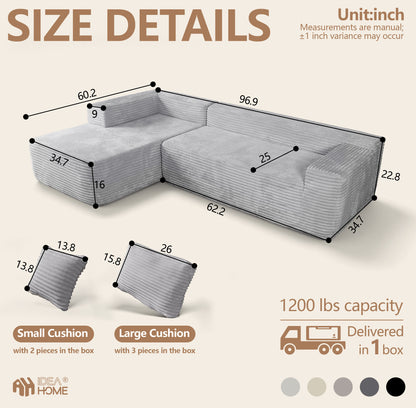Boneless Cloud Sofa 96in L-Shaped Deep Seat, Skin-Friendly Corduroy, No Assembly, Compressed Packaging, Dark Grey, Left Facing Chaise