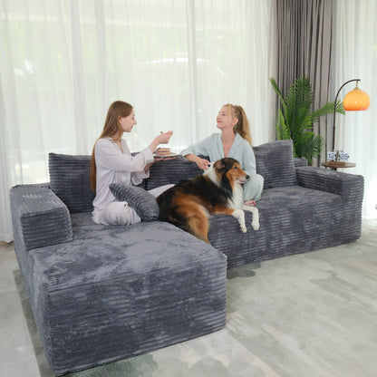 Boneless Cloud Sofa 96in L-Shaped Deep Seat, Skin-Friendly Corduroy, No Assembly, Compressed Packaging, Dark Grey, Left Facing Chaise