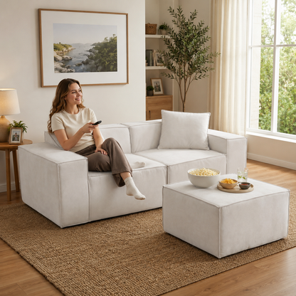 Flexicube Modular Sectional Loveseat with Ottoman Beige White