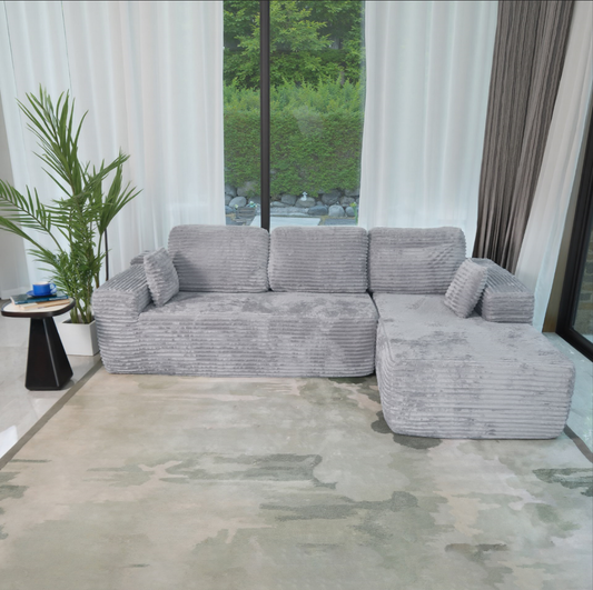 Boneless Cloud Sofa 96in L-Shaped Modular Sectional Couch, Frameless L-Shaped Modular Sectional,Corduroy Upholstery, No Assembly, for Living Room/Bedroom, Silver Grey, Right Facing Chaise