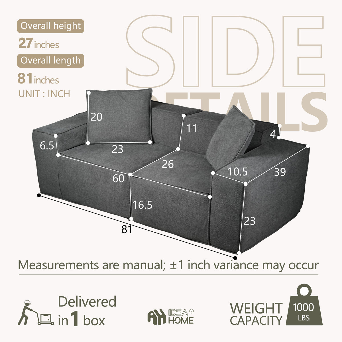 Flexicube Modular Sectional Loveseat Dark Grey
