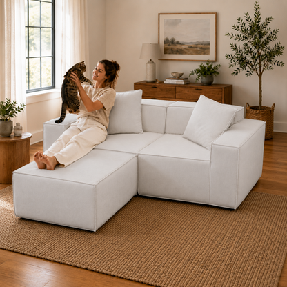 Flexicube Modular Sectional Loveseat with Ottoman Beige White