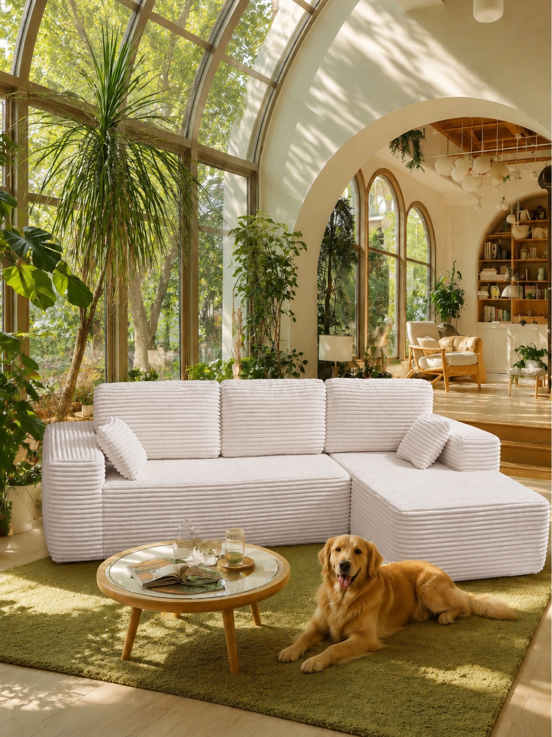 Boneless Cloud Sofa 105.5in L-Shaped Modular Sectional Couch, Frameless Corduroy Upholstery, No Assembly, for Living Room/Bedroom, Beige White, Right Facing Chaise
