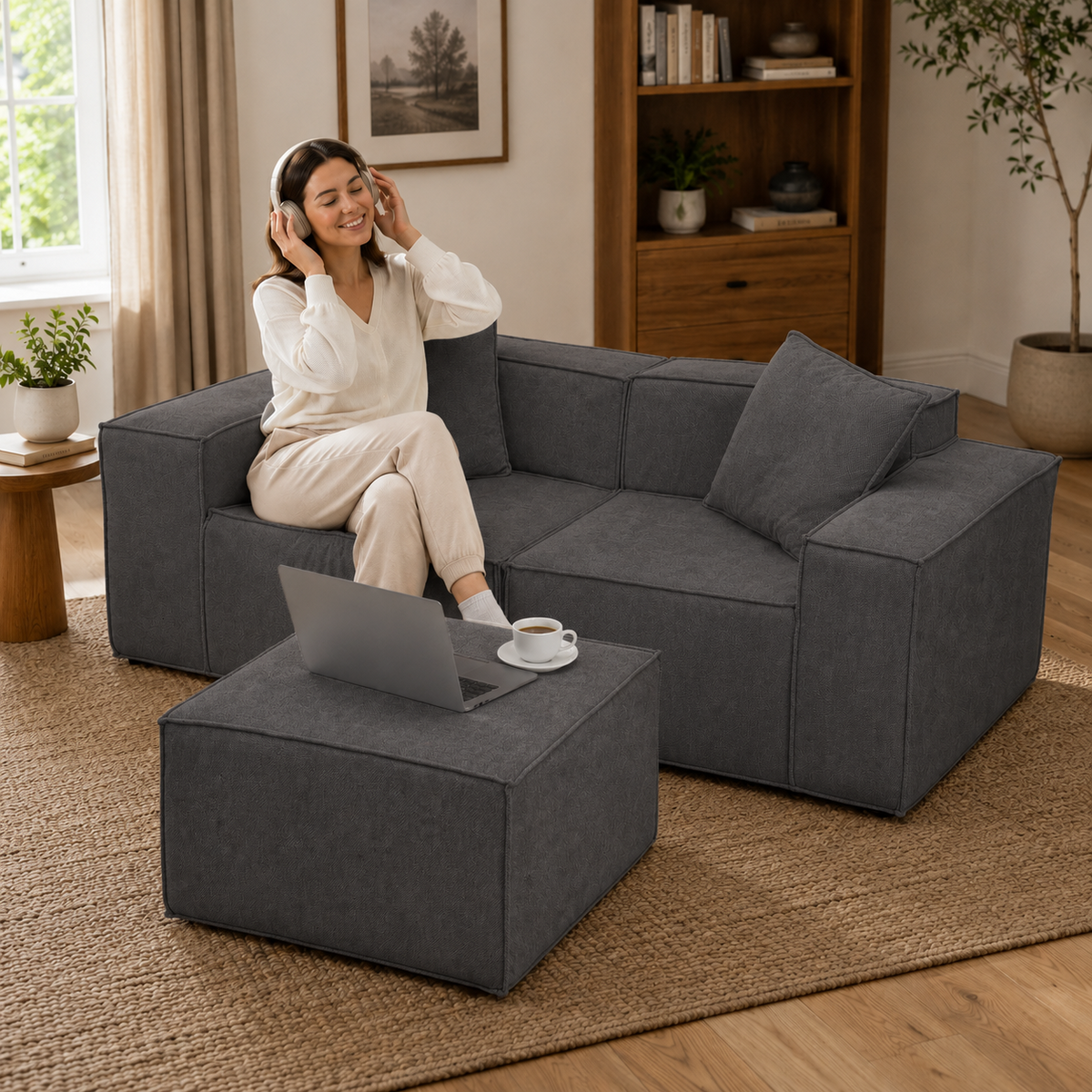 Flexicube Modular Sectional Loveseat with Ottoman Dark Grey