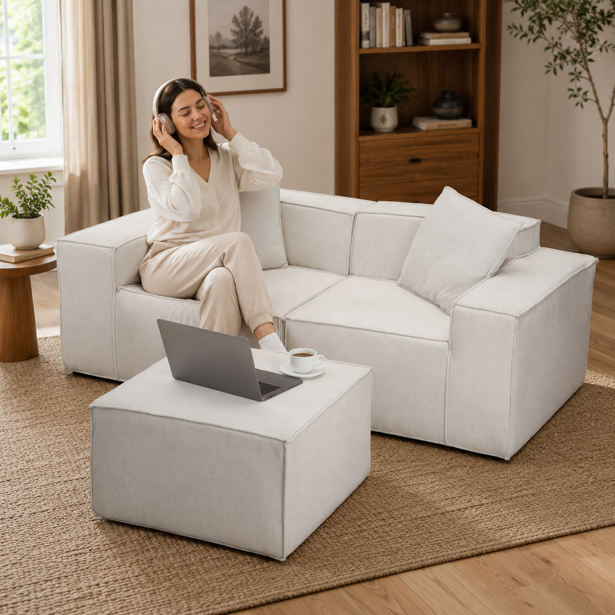 Flexicube Modular Sectional Loveseat with Ottoman Beige White