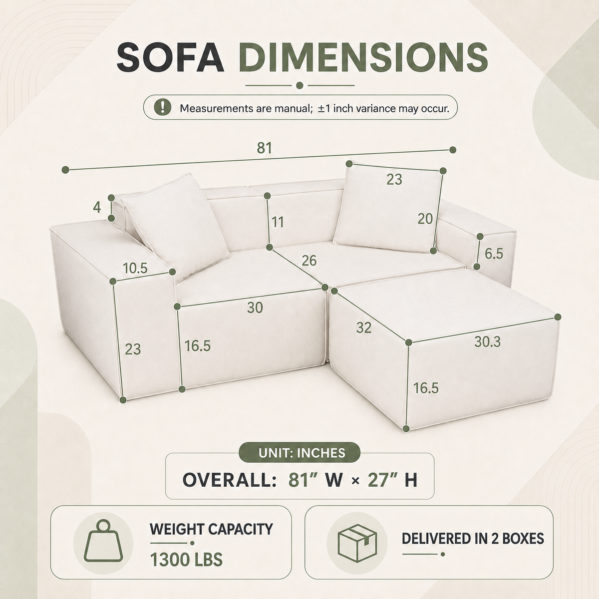 Flexicube Modular Sectional Loveseat with Ottoman Beige White