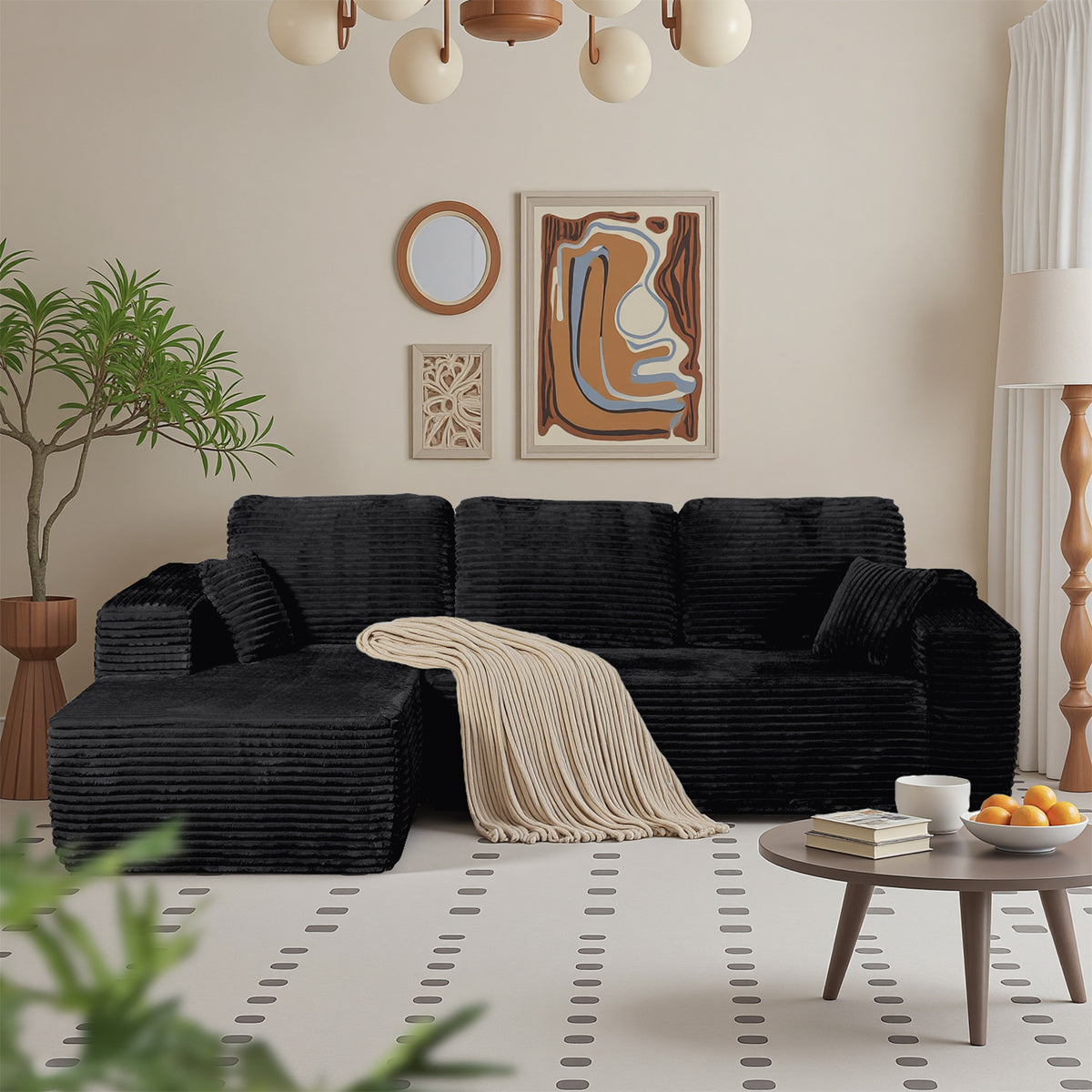 Boneless Cloud Sofa 96in L-Shaped Modular Sectional, Deep Seat, Skin-Friendly Corduroy, No Assembly, Compressed Packaging, for Living Room/Bedroom, Black, Right Facing Chaise