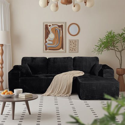 Boneless Cloud Sofa 105.5in L-Shaped Modular Sectional, Deep Seat, Skin-Friendly Corduroy, No Assembly, Compressed Packaging, for Living Room/Bedroom, Black, Right Facing Chaise