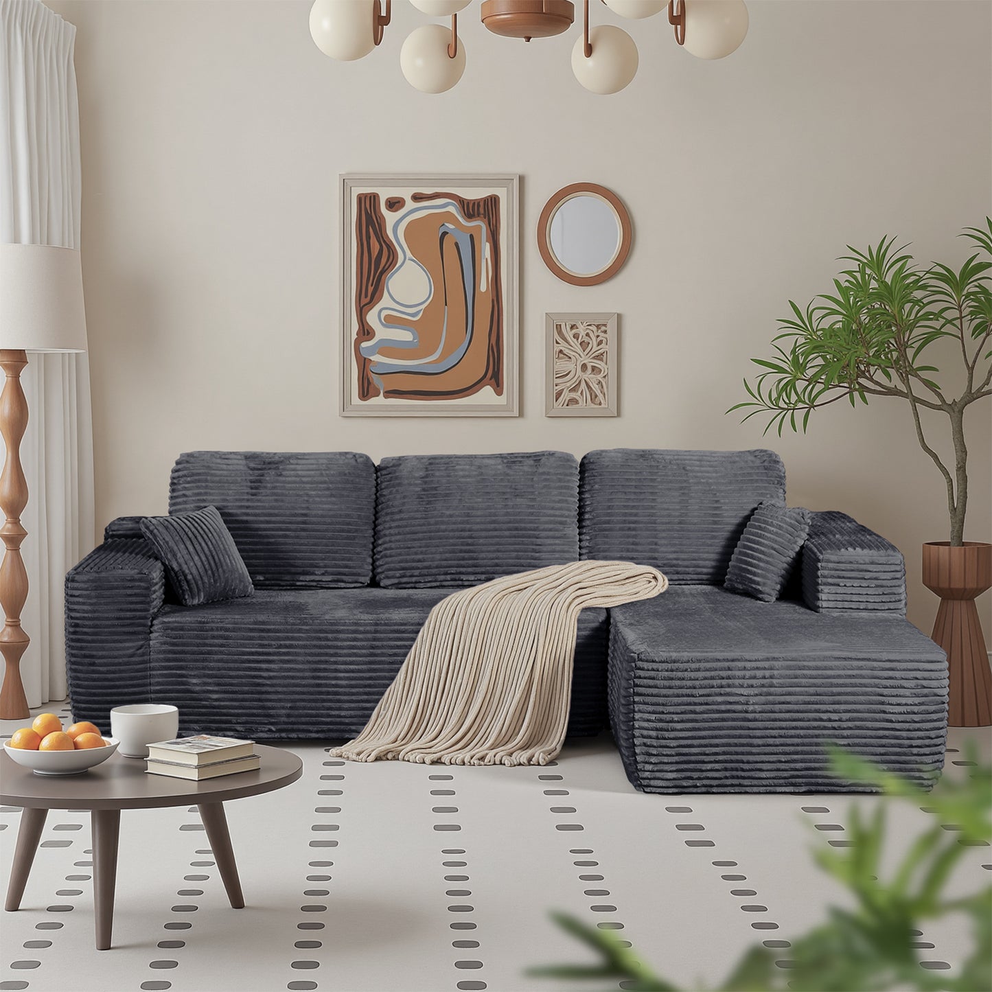 Boneless Cloud Sofa 105.5in L-Shaped Modular Sectional Couch, Frameless L-Shaped Modular Sectional,Corduroy Upholstery, No Assembly, for Living Room/Bedroom, Dark Grey, Right Facing Chaise