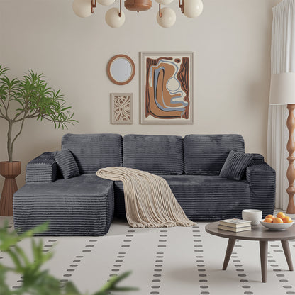 Boneless Cloud Sofa 96in L-Shaped Modular Sectional, Deep Seat, Skin-Friendly Corduroy, No Assembly, Compressed Packaging, for Living Room/Bedroom, Black, Right Facing Chaise