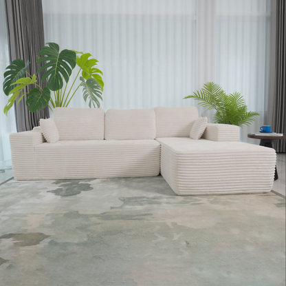 Boneless Cloud Sofa 96in L-Shaped Modular Sectional Couch, Frameless L-Shaped Modular Sectional,Corduroy Upholstery, No Assembly, for Living Room/Bedroom, Beige, Right Facing Chaise