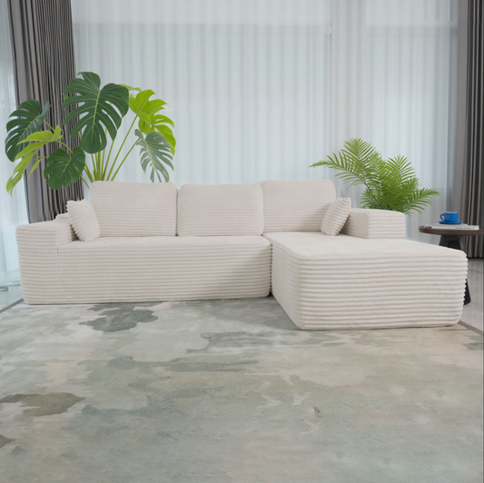 Boneless Cloud Sofa 96in L-Shaped Modular Sectional Couch, Frameless L-Shaped Modular Sectional,Corduroy Upholstery, No Assembly, for Living Room/Bedroom, Beige, Right Facing Chaise