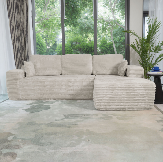 Boneless Cloud Sofa 96in L-Shaped Modular Sectional Couch, Frameless Corduroy Upholstery, No Assembly, for Living Room/Bedroom, Beige White, Right Facing Chaise