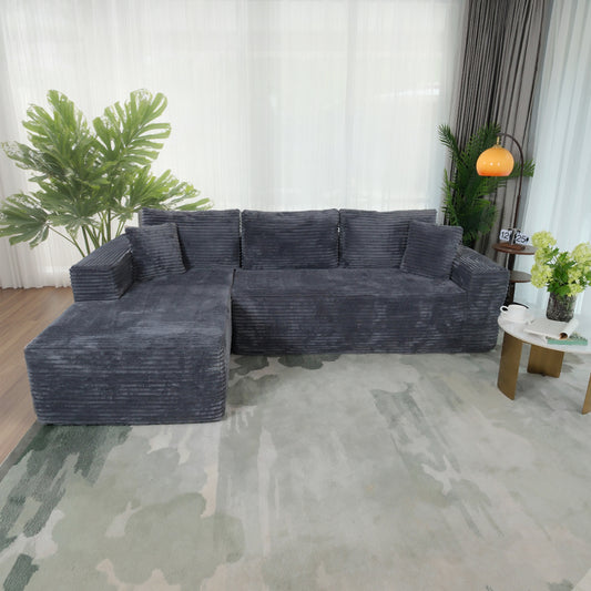 Boneless Cloud Sofa 96in L-Shaped Deep Seat, Skin-Friendly Corduroy, No Assembly, Compressed Packaging, Dark Grey, Left Facing Chaise