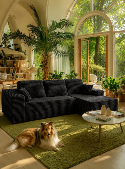 Boneless Cloud Sofa 105.5in L-Shaped Modular Sectional, Deep Seat, Skin-Friendly Corduroy, No Assembly, Compressed Packaging, for Living Room/Bedroom, Black, Right Facing Chaise