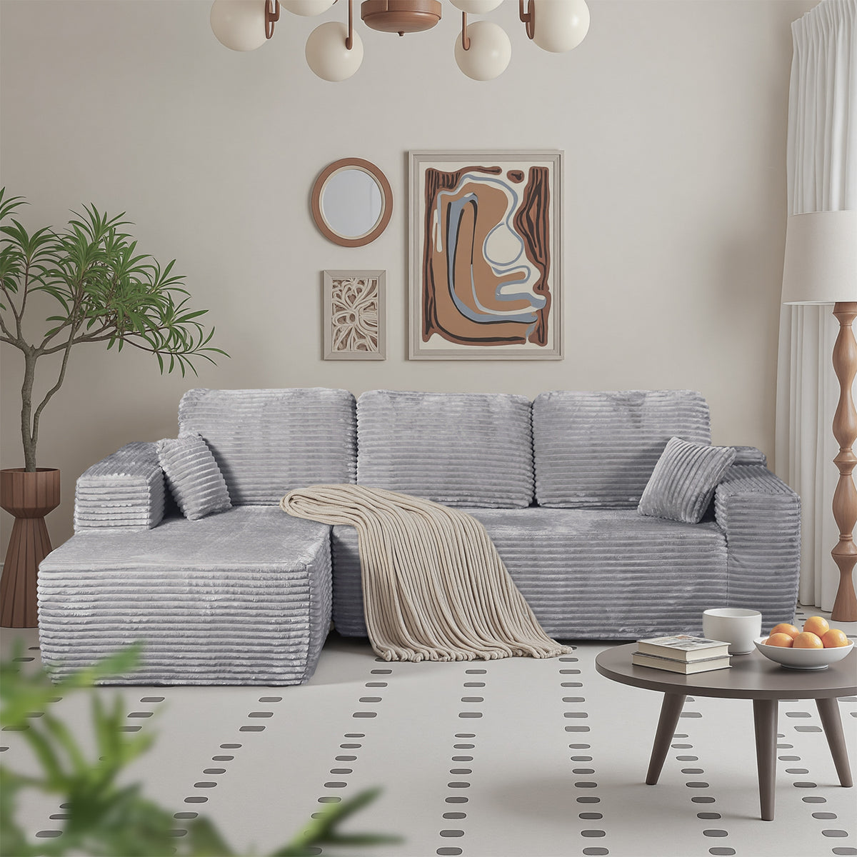 Boneless Cloud Sofa 96in L-Shaped Modular Sectional, Deep Seat, Skin-Friendly Corduroy, No Assembly, Compressed Packaging, for Living Room/Bedroom, Black, Right Facing Chaise