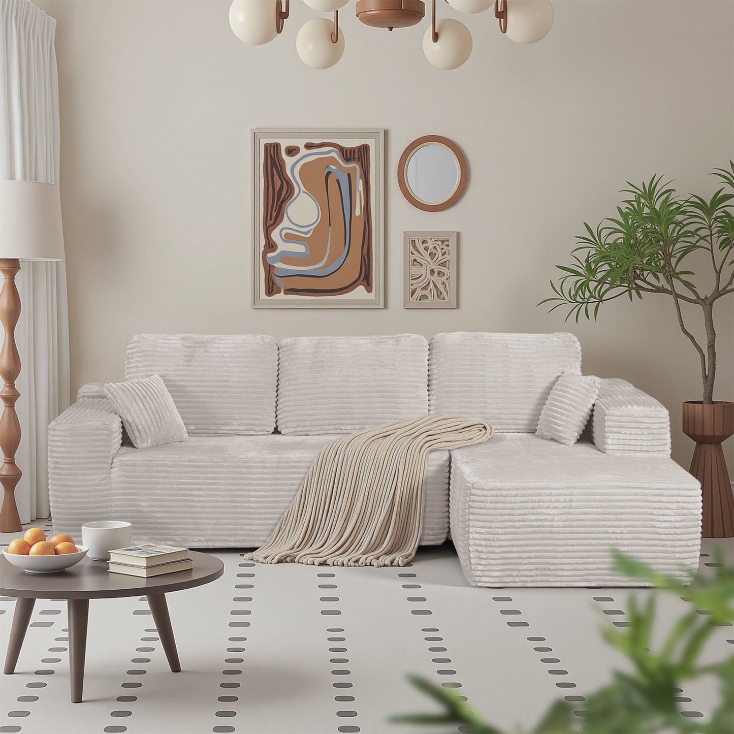 Boneless Cloud Sofa 96in L-Shaped Modular Sectional Couch, Frameless L-Shaped Modular Sectional,Corduroy Upholstery, No Assembly, for Living Room/Bedroom, Beige, Right Facing Chaise
